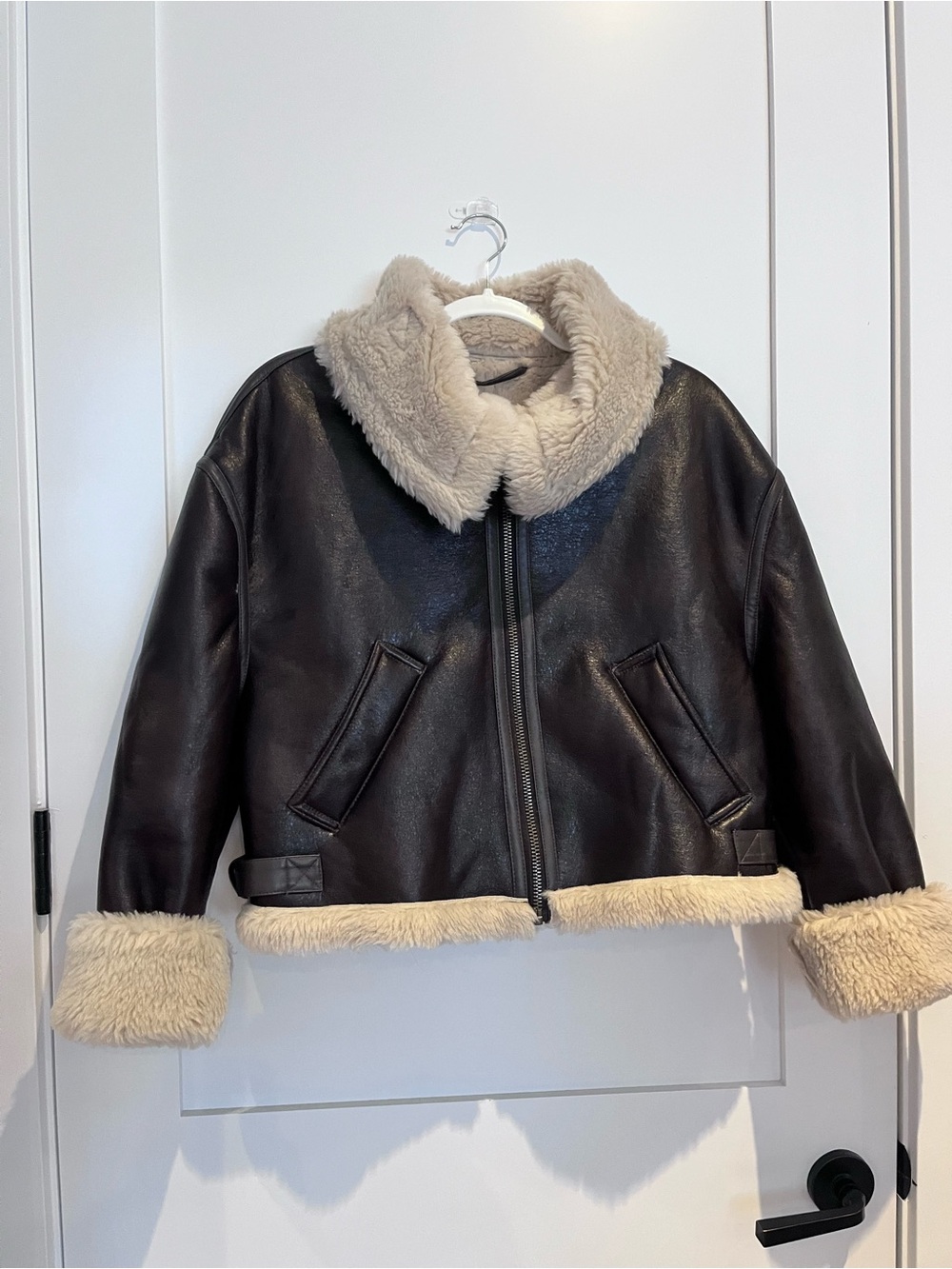 Faux Shearling Aviator Jacket - Brown with Cream Trim